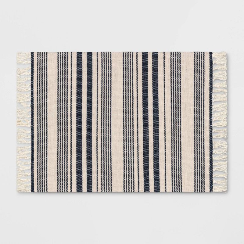 Photo 1 of 2'x3' Striped Tapestry with Fringes Woven Indoor/Outdoor Rug Navy/Ivory - Threshold™

