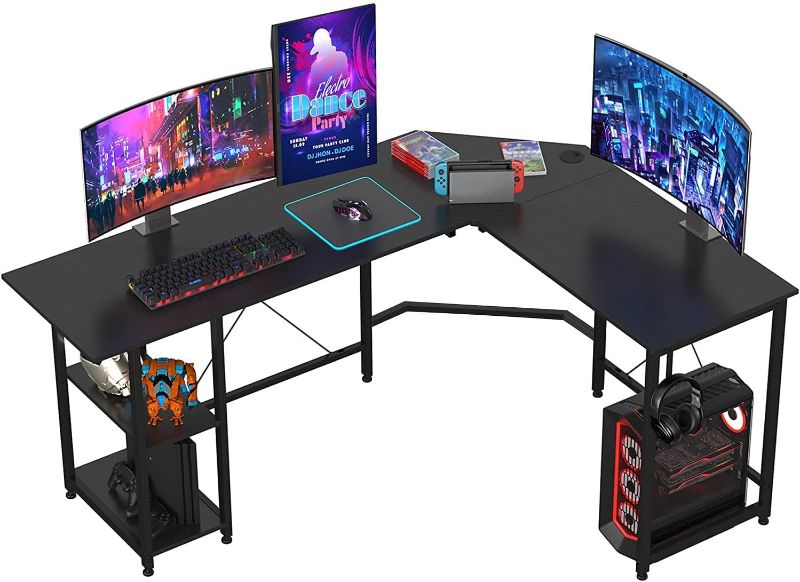 Photo 1 of FukiFuki L-Shaped Gaming Desk, 59.1" Corner Computer Office Desk, Writing Workstation,with Adjustable Shelves, Space-Saving, Easy to Assemble (Black)
