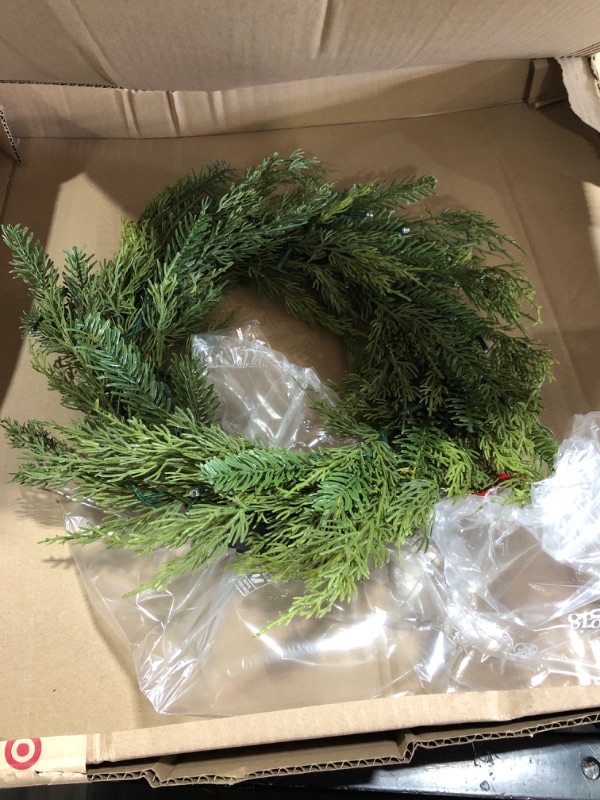 Photo 2 of 22" Pre-lit Mixed Greenery Artificial Christmas Wreath LED Warm White Lights - Wondershop™

