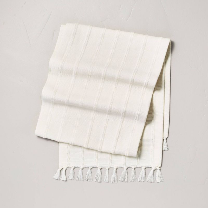 Photo 1 of 14 X 76 Textured Stripe Tassel Table Runner Cream - Hearth & Hand with Magnolia
