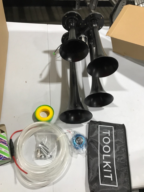 Photo 2 of 150DB Train Air Horn Kit, 4 Trumpet Loud Train Horns Kit for 150 PSI 12V Air Compressor 0.8 Gallon for Trucks, Cars, Van Boats Super Loud Air Horn (3L,Black).
