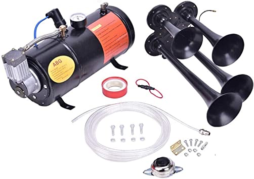 Photo 1 of 150DB Train Air Horn Kit, 4 Trumpet Loud Train Horns Kit for 150 PSI 12V Air Compressor 0.8 Gallon for Trucks, Cars, Van Boats Super Loud Air Horn (3L,Black).
