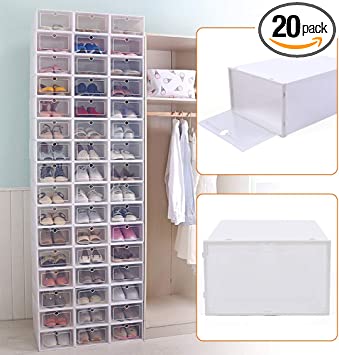 Photo 1 of 20 PCS Shoe Storage Boxes,Clear Plastic Clamshell Shoebox Stackable Shoe Organizer Foldable Display Box Container Closet Shelf Shoe Organizer,Need to Assemble (Angel White Large Round Holes)
