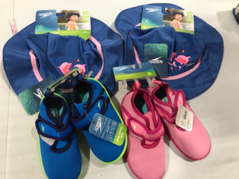 Photo 1 of BUNDLE OF KIDS SPEEDO WATER SHOES AND PROTECTIVE BUCKET HATS *SHOE SIZES 7/8*