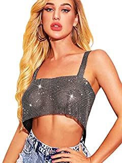 Photo 1 of Yokawe Women Sexy Crop Tops Sparkly Crystal Tank Top Y2k Sleeveless Spaghetti Strap Tube Top Rave Party Clubwear (Black) 