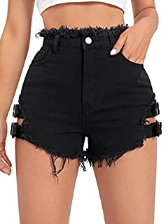 Photo 1 of Floerns Women's Solid Denim High Waisted Frayed Raw Hem Jeans Shorts Black M