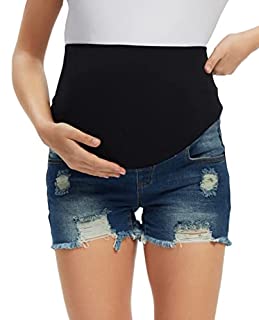 Photo 1 of Foucome Women's Maternity Shorts Fit Belly Denim Jean Shorts Pregnancy Summer Blue Short Pants(Dark Blue, L)