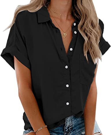 Photo 1 of Beautife Womens Short Sleeve Shirts V Neck Collared Button Down Shirt Tops with Pockets L