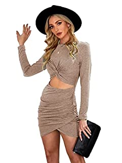 Photo 1 of LYANER Women's Cut Out Ruched Twist Front Long Sleeve Wrap Bodycon Mini Dress Khaki Medium