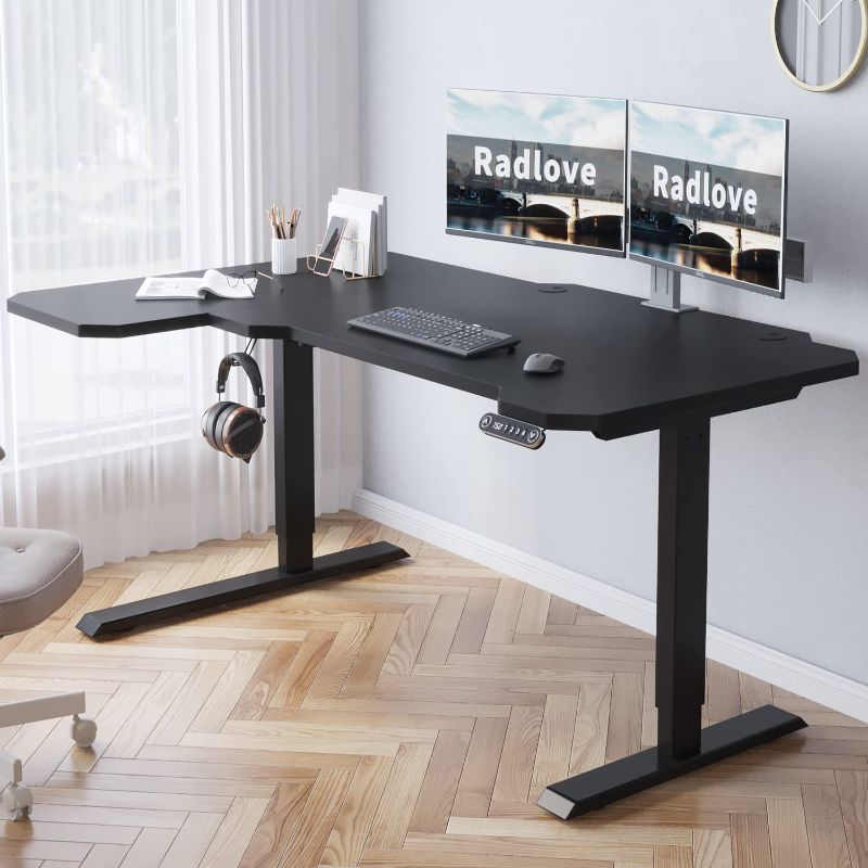 Photo 1 of Radlove 59 Inch L Shaped Large Electric Desk with Memory Controller, Corner Standing Desk, Modern Workstation with Splicing Table Set, Ergonomic Desk (Black Frame + Black Top)
