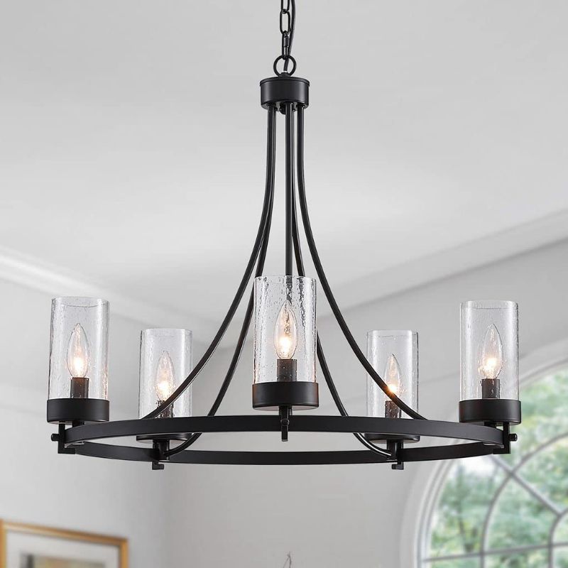 Photo 1 of WUZUPS 5-Light Wagon Wheel Chandelier Rustic Farmhouse Industrial Round Pendant Light Fixture with Clear Seeded Glass Shades for Dining Room Kitchen Island, H 20.5" x W 26.2", E12 Base, Black
