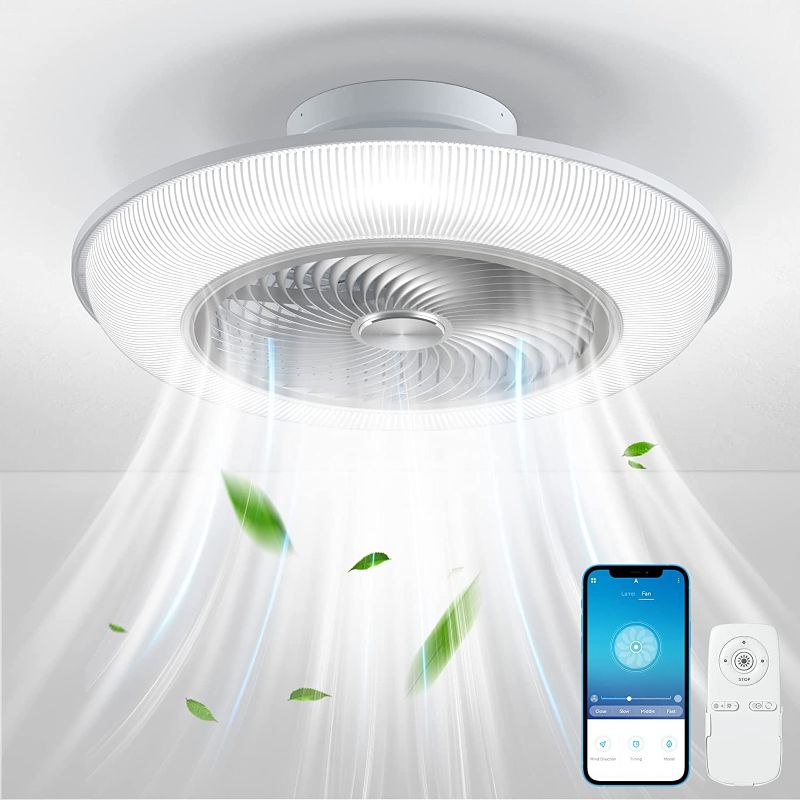 Photo 1 of YONOK Ceiling Fans with Lights Remote Control, Battery Included, 23 In Low Profile Bladeless Ceiling Fan 360° Angle Airflow, 8 Blades 3 Gear Wind 3 Color Stepless Dimming, Quick Flush Mount Ceiling Fan
