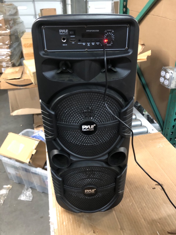 Photo 2 of Pyle Portable Bluetooth PA Speaker System - 600W Rechargeable Outdoor Bluetooth Speaker Portable PA System w/ Dual 8” Subwoofer 1” Tweeter, Microphone In, Party Lights, USB, Radio, Remote - PPHP2835B