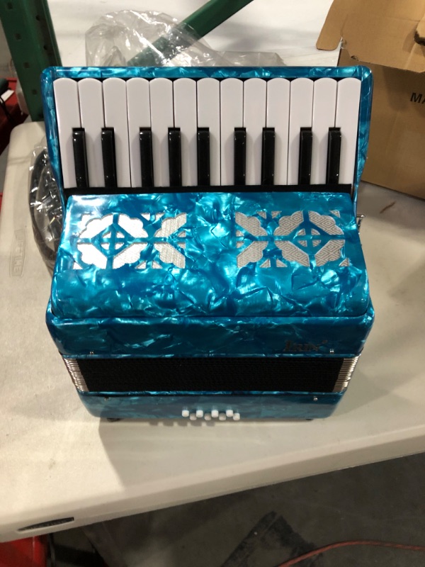 Photo 2 of *SEE NOTES* BTER Accordion, 22 Keys 8 Bass Exquisite Celluloid Piano Accordion Adjustable Straps, Blue/White