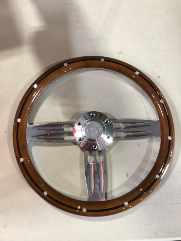 Photo 2 of 14" Inch Billet Polished & Wood Steering Wheel Bowtie Horn, 6 Hole