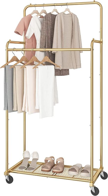 Photo 1 of  Double Rod Clothes Garment Rack, Heavy Duty Clothing Rolling Rack on Wheels for Hanging Clothes,with 4 Hooks, Gold
