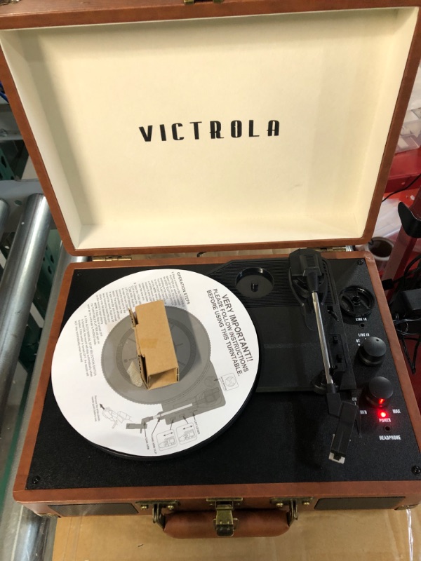 Photo 2 of Victrola Vintage 3-Speed Bluetooth Portable Suitcase Record Player with Built-in Speakers | Upgraded Turntable Audio Sound| Includes Extra Stylus | Brown Brown Record Player