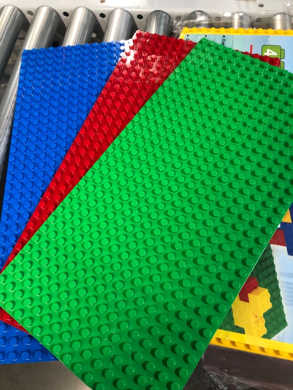 Photo 2 of Brickyard Building Blocks Lego Compatible Baseplate - Pack of 4 Large 10 x 20 Inch Base Plates for Toy Bricks, STEM Activities & Display Table - Assorted Assorted 4-pack