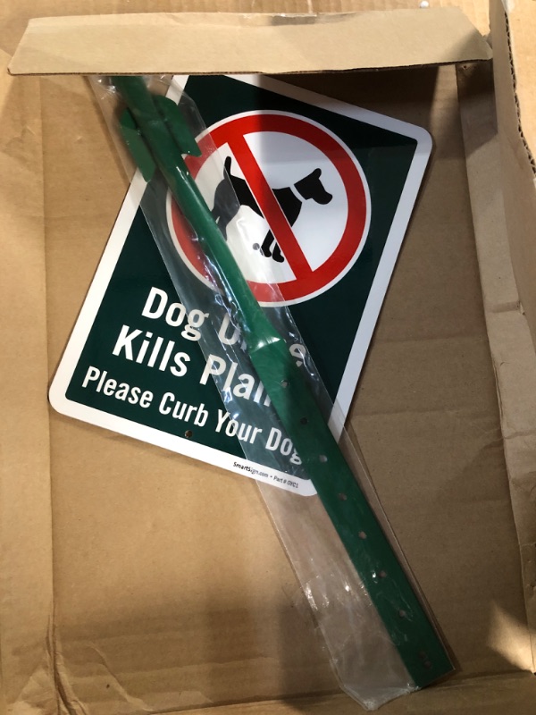 Photo 2 of SmartSign 10 x 7 inch “Dog Urine Kills Plants, Please Curb Your Dog” LawnPuppy Yard Sign and 18 inch Stake Kit, 40 mil Laminated Rustproof Aluminum, Green and White, Set of 1