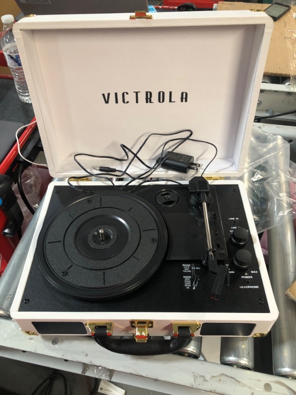 Photo 2 of Victrola Vintage 3-Speed Bluetooth Portable Suitcase Record Player with Built-in Speakers White 13.9 x 4.33 x 10.12 inches
