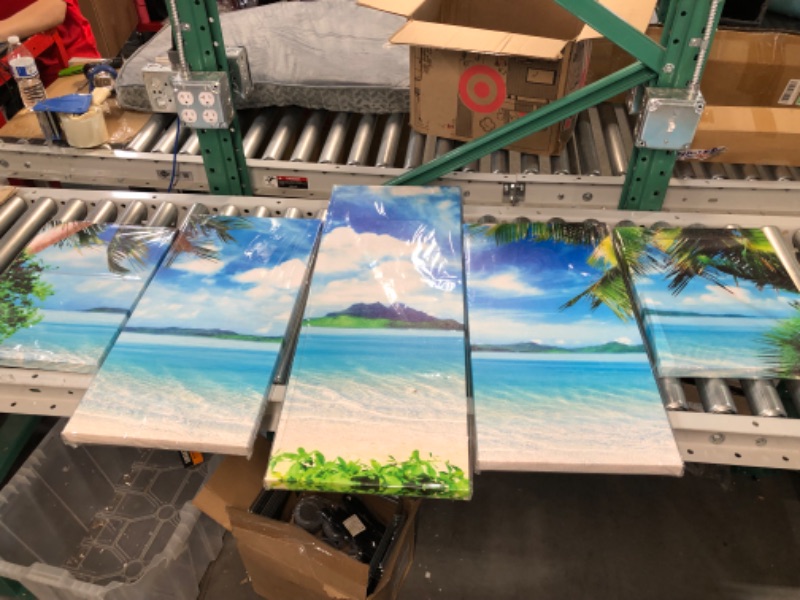 Photo 1 of ***DAMAGED - SEE NOTES*** Pyradecor Modern 5 Panels Blue Sea Beach Pictures Paintings on Canvas Wall Art Stretched Contemporary Landscape Ocean Canvas Prints Artwork for Bedroom Home Decorations 10x16"x2pcs,10x20"x2pcs,10x24"x1pc