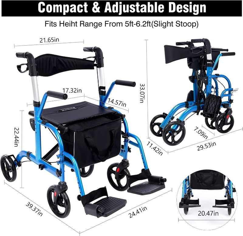 Photo 2 of 2 in 1 Rollator Walkers for Seniors with Padded Seat- Medical Transport Chair Walker with Adjustable Handle and Reversible Backrest (Blue)