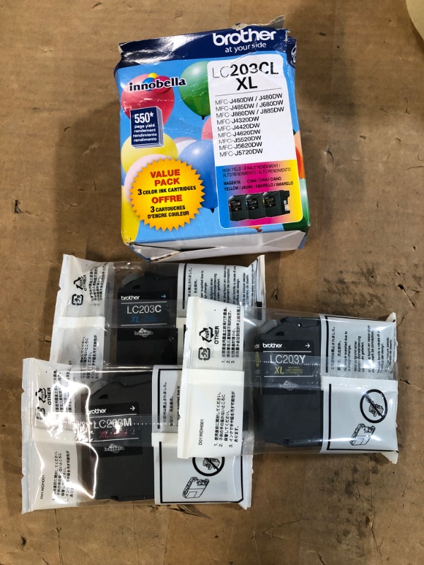 Photo 2 of **USED BUT APPEARS NEW**  Brother Genuine High Yield Color Ink Cartridge, LC2033PKS, Replacement Color Ink Three Pack, Includes 1 Cartridge Each of Cyan, Magenta & Yellow, Page Yield Up To 550 Pages, Amazon Dash Replenishment Cartridge, LC203 Cyan-Magenta