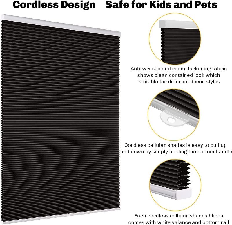 Photo 1 of **SEE NOTES** Makefeile Blackout Window Shades Cordless Cellular Shade Honeycomb Blinds for Windows, 28" W X 72" H, Room Darkening Pleated Blind for Bedroom,Home,Office,Black……