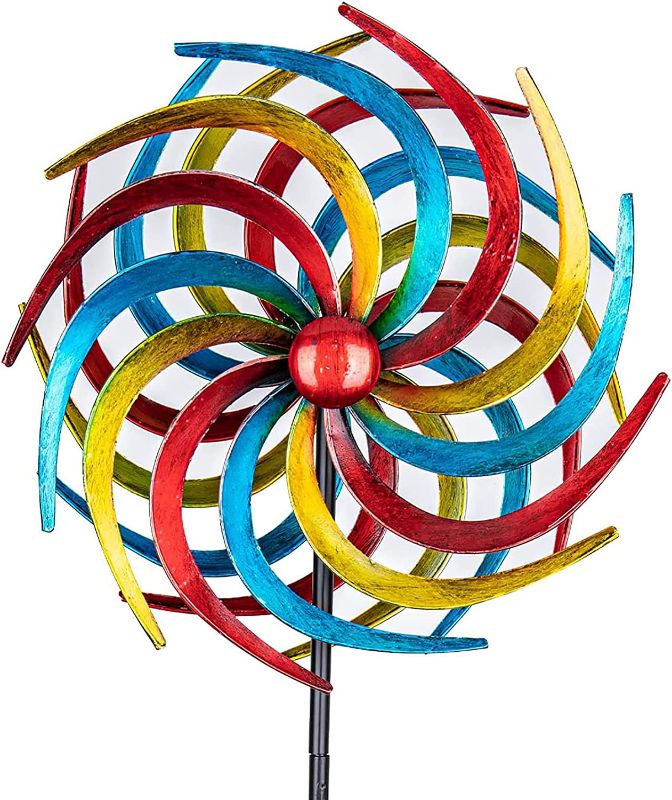 Photo 1 of  24 Inch Colorful Kinetic Sculpture Metal Windmill with Stake for Garden Yard Lawn Outdoor Decor