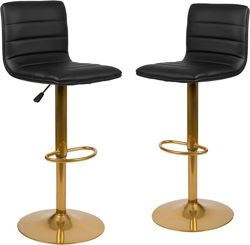 Photo 1 of  Modern Black Vinyl Adjustable Bar Stool with Back, Counter Height Swivel Stool with Gold-Pedestal Base, Set of 2