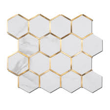 Photo 1 of (Hexagon Retro - White Marble Mixed Copper Gold 5pc/Pack) Stone Like Backsplash for Kitchen, Bathroom, Wall Accent