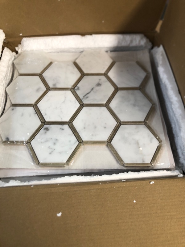 Photo 2 of (Hexagon Retro - White Marble Mixed Copper Gold 5pc/Pack) Stone Like Backsplash for Kitchen, Bathroom, Wall Accent