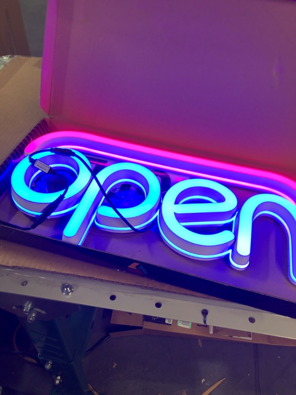 Photo 2 of Anrookie LED Open Signs for business, 19.7x9 Inch neon open sign, Static Display or Flashing Mode, Ideal for Restaurant, Bar, Salon and More, Remote Control, with Open/Close Sign (Blue)