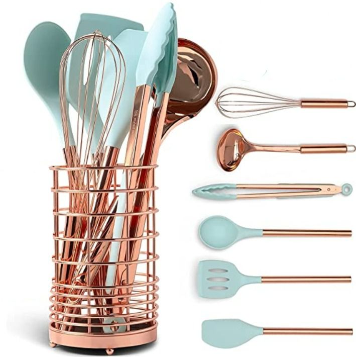 Photo 1 of [USED] Copper and Teal Kitchen Utensil Set with Holder 