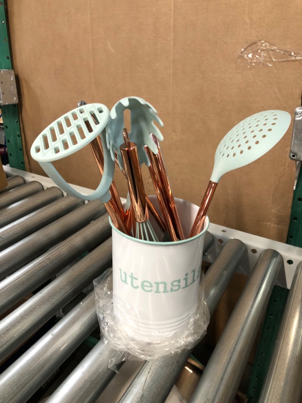 Photo 2 of [USED] Copper and Teal Kitchen Utensil Set with Holder 
