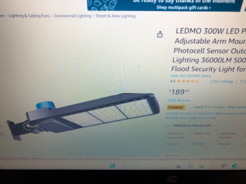 Photo 6 of LEDMO 300W LED Parking Lot Lights ***NOT TESTED*** **LOOKS BRAND NEW**
