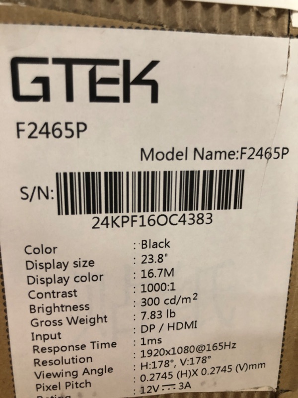 Photo 3 of **FOR PARTS, SEE NOTES**  GTEK 165Hz Gaming Monitor IPS, 24 Inch Frameless Display Full HD 1920 x 1080P, IPS Technology 1ms, Supports 144Hz HDR, FreeSync, DisplayPort/HDMI, VESA - F2465P