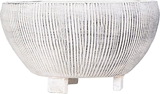 Photo 1 of [DAMAGE] Creative Co-Op Coastal Terracotta Footed Planter with Textured Stripes, Grey