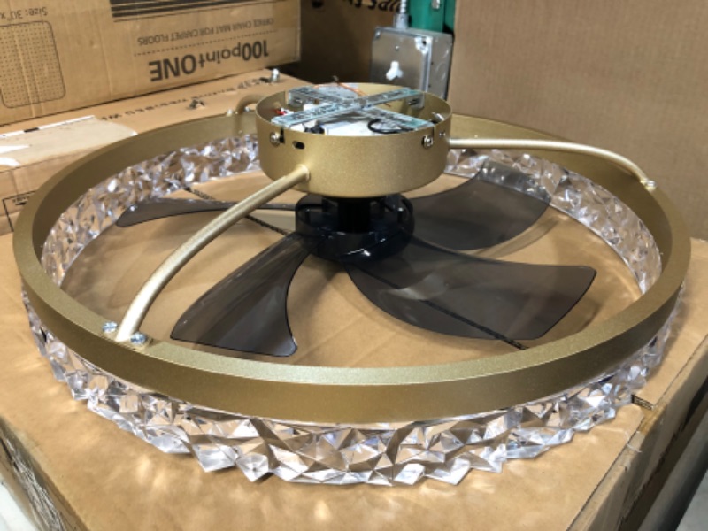 Photo 2 of **BRAND NEW**  QUMFIXPU 20" Round Flush Mount Ceiling Fan with Lights, Modern Dimmable LED Low Profile Fan, Hidden Reversible Blades, Multi-Speed and Timing with Remote Control, Gold