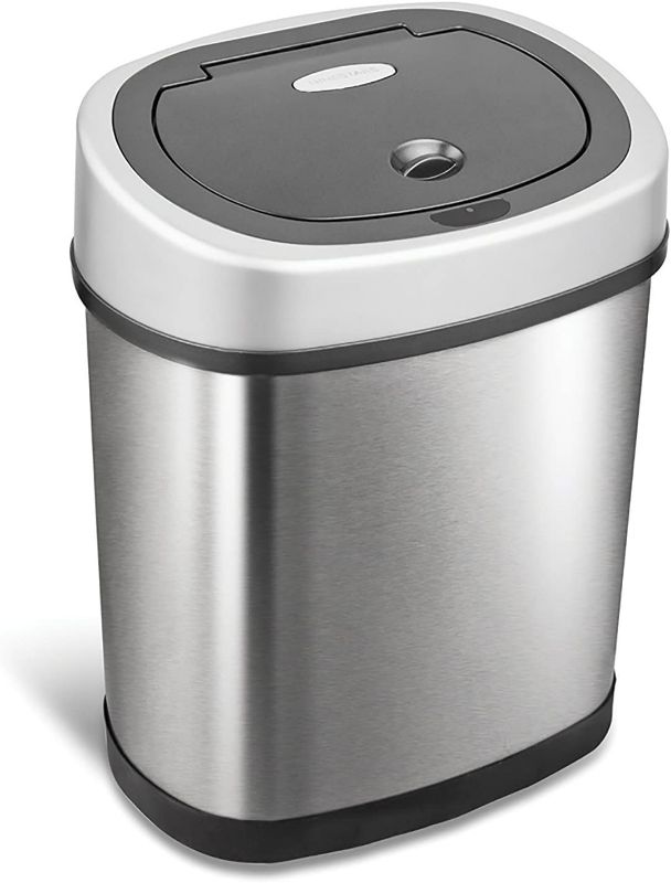 Photo 1 of **SEE NOTES**  NINESTARS DZT-12-9 Automatic Touchless Infrared Motion Sensor Trash Can, 3 Gal. 12 L., Stainless Steel (Oval, Silver/Black Lid) & Hefty Small Garbage Bags, Flap Tie, 4 Gallon, 26 Count Sensor Trash Can + Garbage Bags