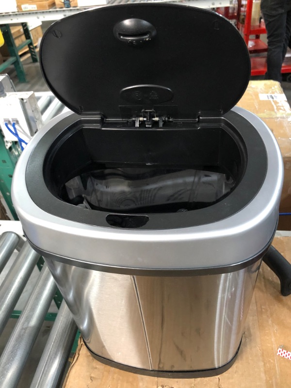 Photo 2 of **SEE NOTES**  NINESTARS DZT-12-9 Automatic Touchless Infrared Motion Sensor Trash Can, 3 Gal. 12 L., Stainless Steel (Oval, Silver/Black Lid) & Hefty Small Garbage Bags, Flap Tie, 4 Gallon, 26 Count Sensor Trash Can + Garbage Bags