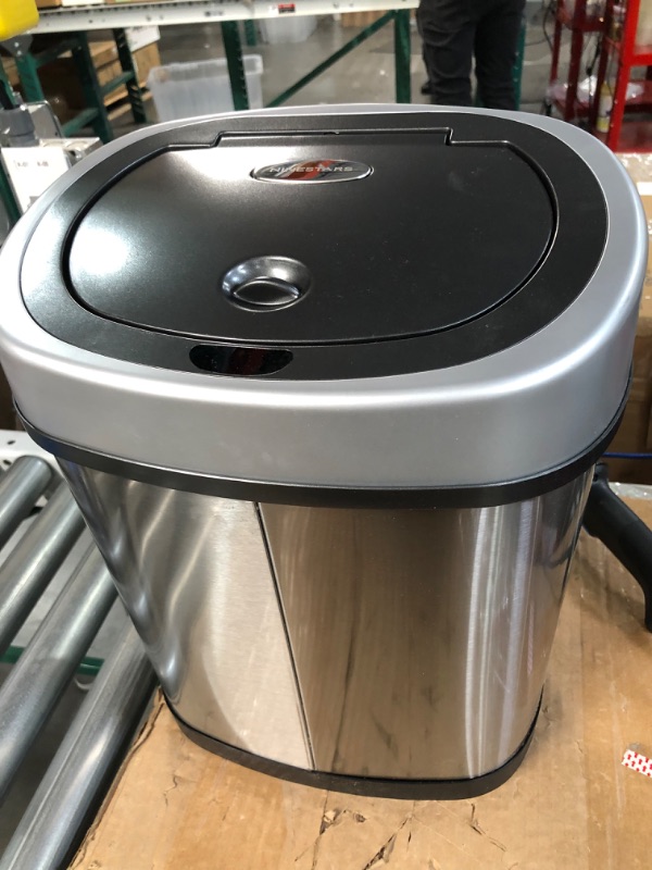 Photo 3 of **SEE NOTES**  NINESTARS DZT-12-9 Automatic Touchless Infrared Motion Sensor Trash Can, 3 Gal. 12 L., Stainless Steel (Oval, Silver/Black Lid) & Hefty Small Garbage Bags, Flap Tie, 4 Gallon, 26 Count Sensor Trash Can + Garbage Bags