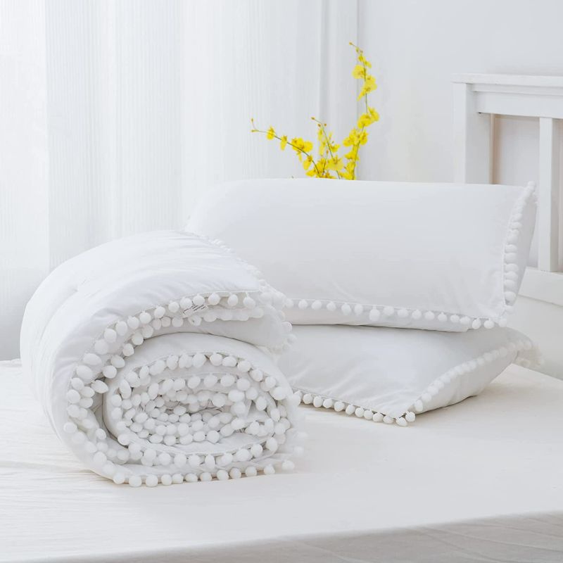 Photo 3 of **SEE NOTES**  annadaif White Comforter Set Full Size, Pom Pom Fringe Comforter 3 Pieces, Soft Microfiber Down Alternative Bedding Set for All Season as Gift (1 Comforter,2 Pillowcases) 