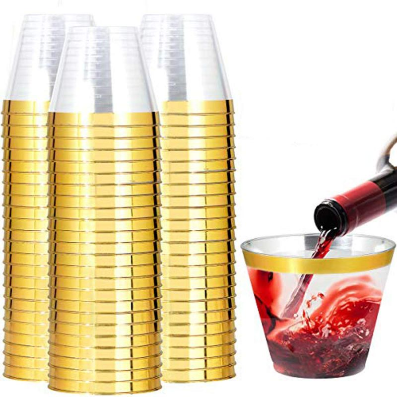 Photo 1 of **USED BUT APPEARS NEW**  I00000 200 Pack Gold Plastic Cups, 9 Oz Elegant Clear Plastic Cups Gold Rimmed Disposable Wine Glasses Fancy Disposable Party Cups Wedding Cups Drinking Tumblers Plastic Cocktail Glasses with Gold Rim