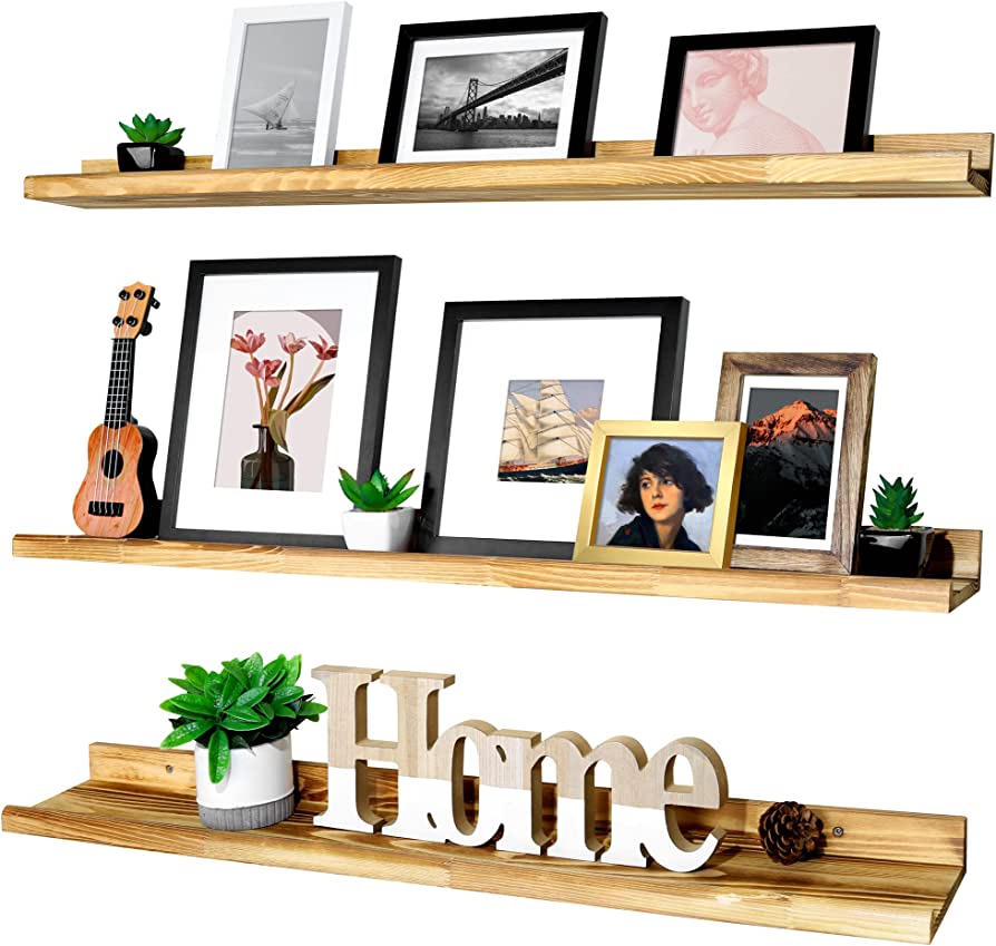 Photo 1 of Annecy Floating Shelves Wall Mounted Set of 3, 36 Inch Carbonized Black Solid Wood Shelves for Wall, Wall Storage Shelves with Guardrail Design for Home, Kitchen, Office, 3 Different Sizes