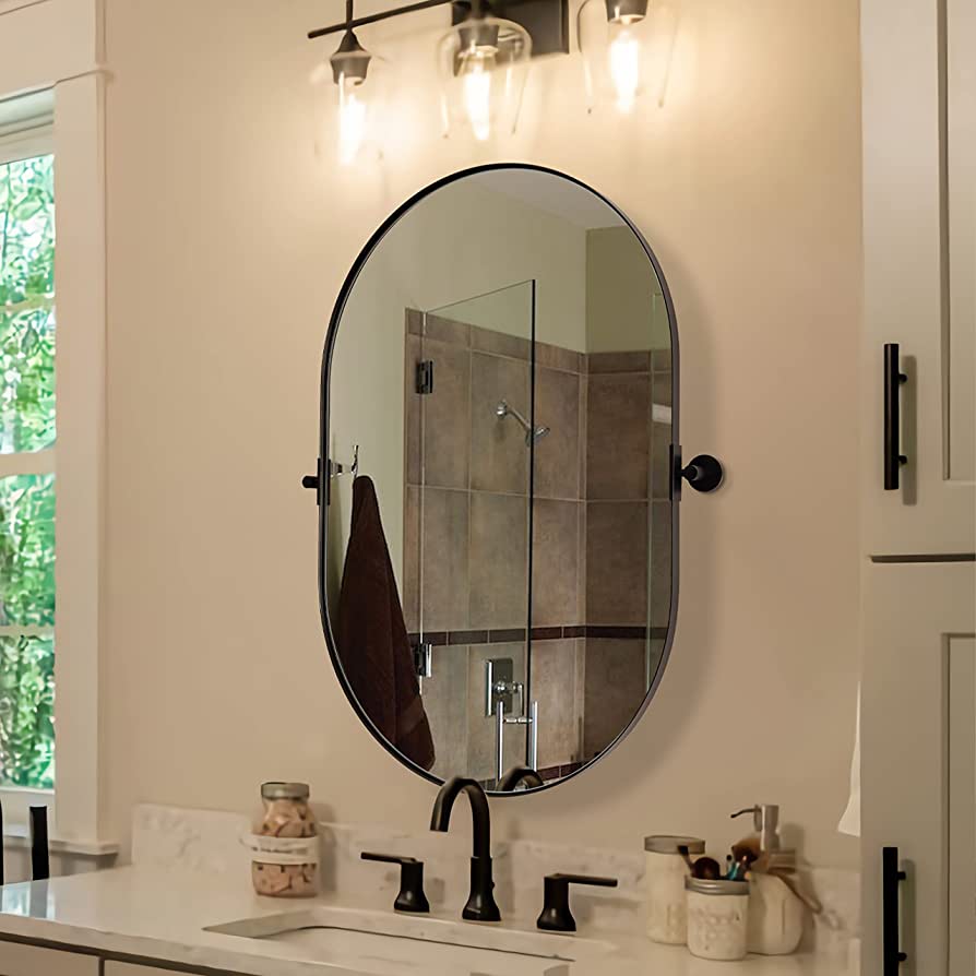 Photo 1 of ANDY STAR Black Bathroom Mirror for Wall 24x36'', Oval Pivot Mirror, Pivot Mirror, Oval Bathroom Mirror in Stainless Steel Frame 1" Deep Wall Mounted Vertically Only (Overall: 28.33"X36")