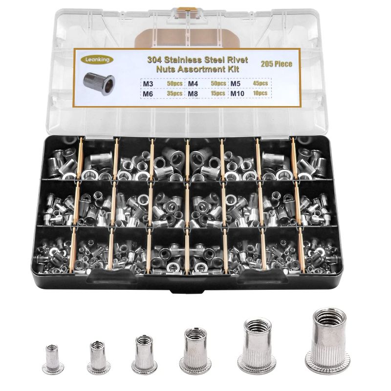 Photo 1 of *SEE INFO* Leanking Rivet Nut Kit 205Pcs 304 Stainless Steel Flat Head Threaded Rivet Insert Nuts Rivnuts Nutsert Assorted in M3 M4 M5 M6 M8 M10