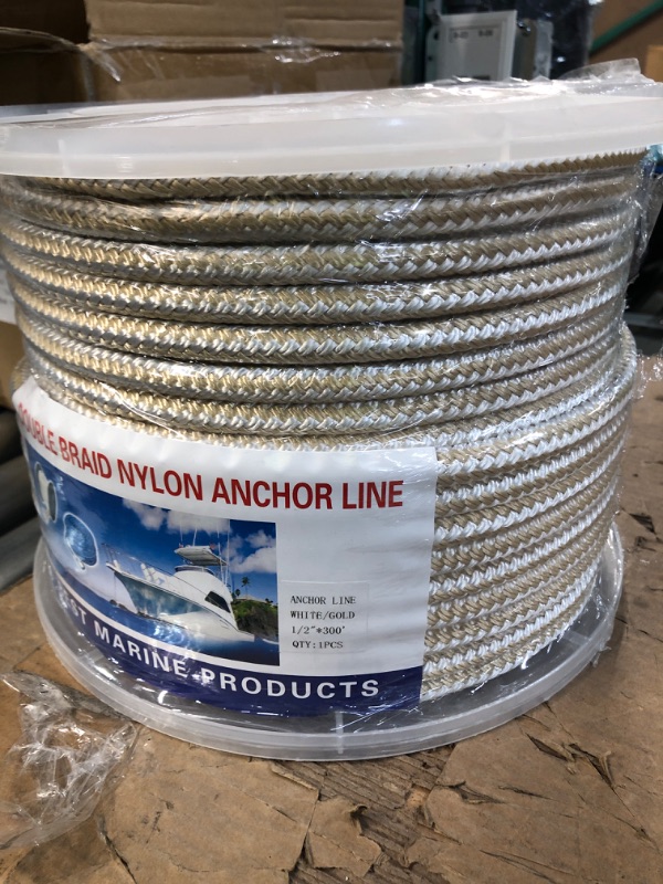 Photo 2 of *SEEMS NEW* NovelBee 1/2 Inch X 300 Feet Double Braid Nylon Anchor Line with Stainless Steel Thimble and Plastic Chuck White/Gold