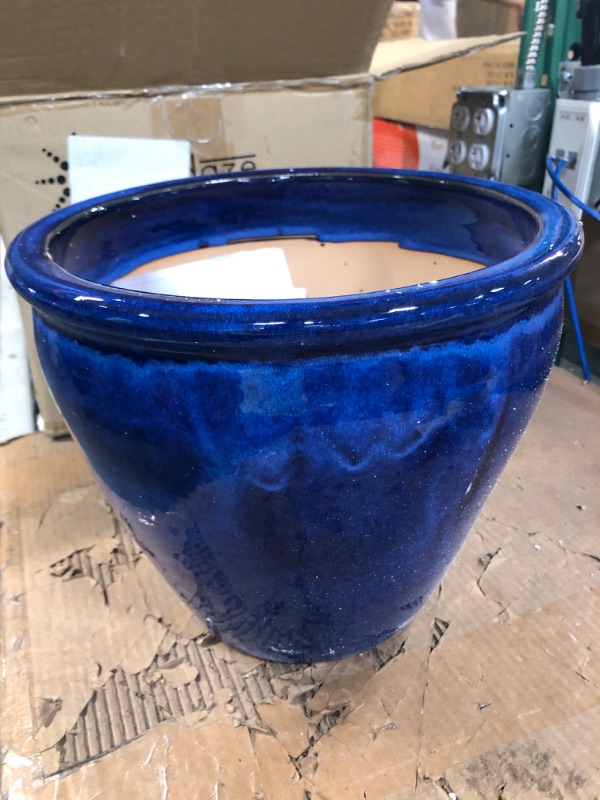 Photo 2 of (2) Sunnydaze Chalet Ceramic Pot Planter with Drainage Holes, High-Fired Glazed UV and Frost-Resistant Finish, Imperial Blue - 12-Inch 