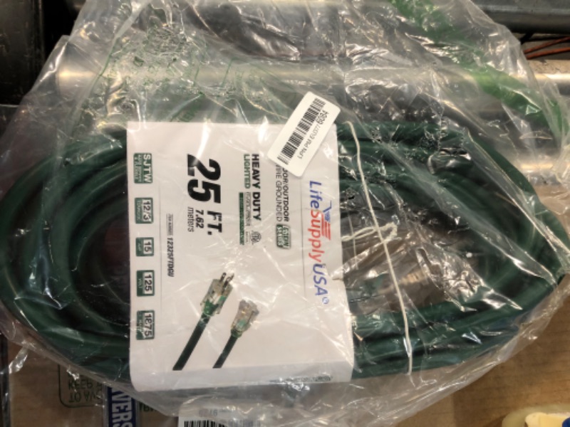 Photo 1 of 25 ft Power Extension Cord, Heavy Duty 12 Gauge/3 Prong SJTW (Green) Lighted end 